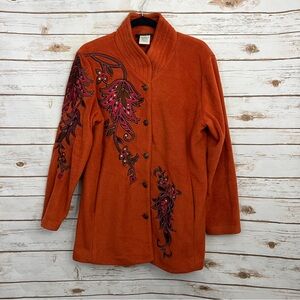 Bob Mackie Wearable Art Orange Fleece Floral Embroidered Button Collar Jacket